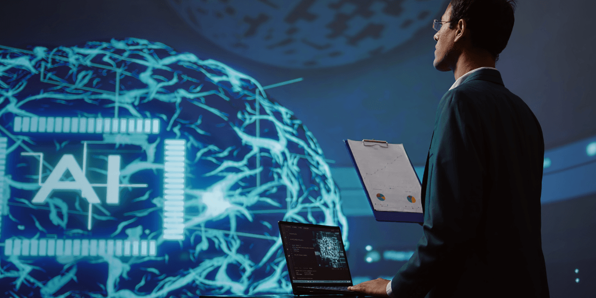 A person in a suit holds a laptop and clipboard, facing a digital brain with glowing lines and "AI" text, conveying innovation and technology focus.