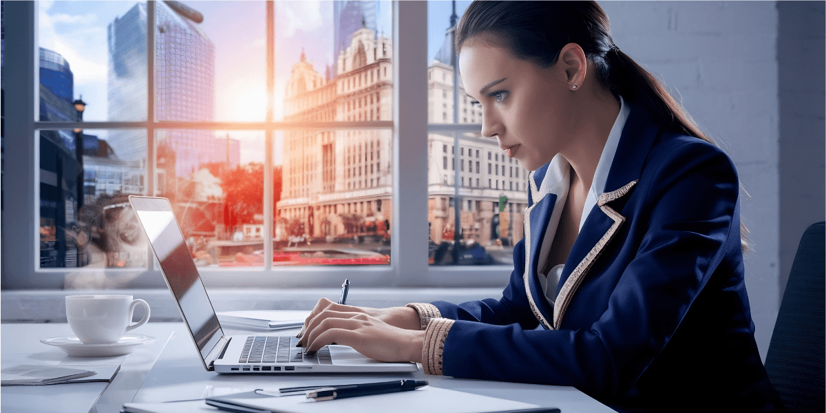 A woman in a business suit focused on her laptop, engaged in professional work at a modern office setting.
