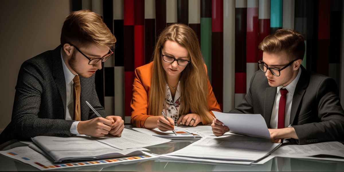 Three business professionals seated at a table, reviewing documents and discussing strategies.