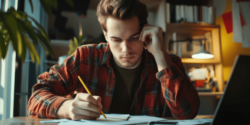 A man seated at a desk, writing on paper with a pen, focused on his task.
